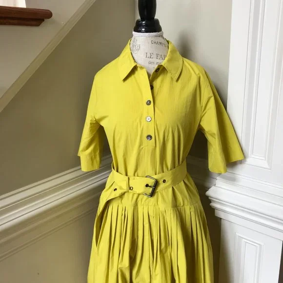 CO Half Placket Belted Shirt Dress Womens Medium Citron Yellow Short Sleeve Midi
